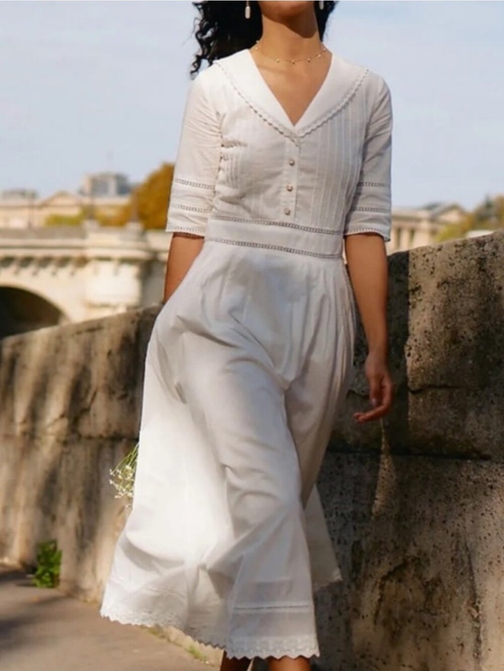 Simple Retro White Midi Dress L